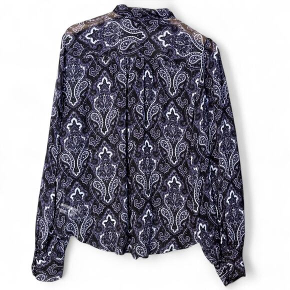 Paige Cleobelle Blouse Black‎ Purple Paisley Silk Tie Neck L Moody Romantic Goth - Picture 6 of 10